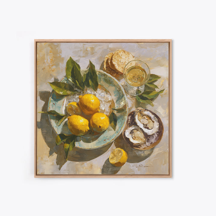Oyster Platter with Lemons and Champagne Canvas Print, Restaurant Art, Kitchen Wall Art, Restaurant Decor, Abstract Art, Bistro, RES-1x1-3