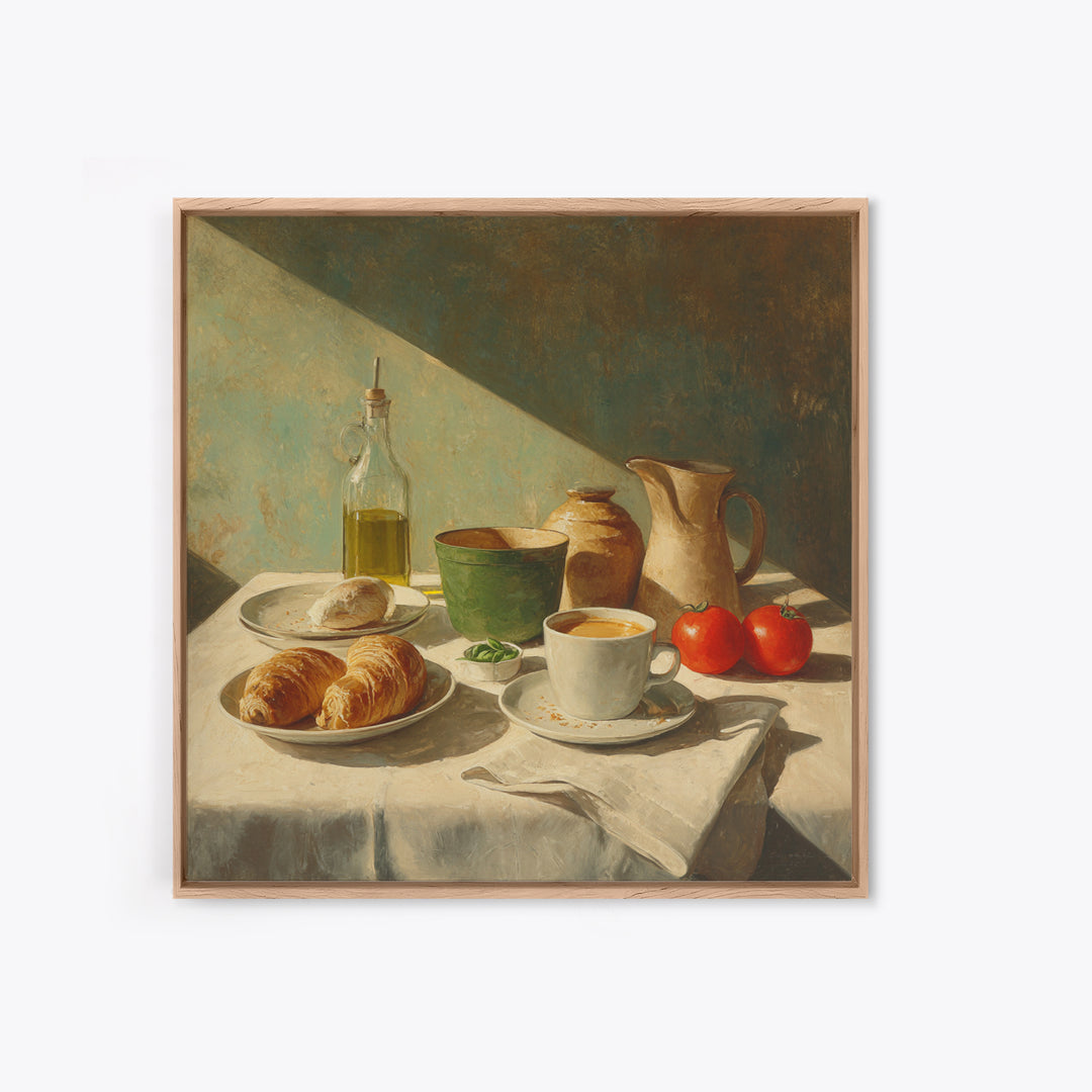 French Bistro Coffee and Croissant Still Life Canvas Print, Restaurant Art, Food Art, Restaurant Decor, Oil Painting, Bistro, RES-1x1-30