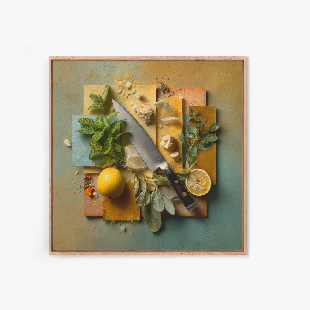 Chef Knife Herbs and Cutting Board Still Framed Canvas Print, Restaurant Art, Boho Decor, Restaurant Decor, Oil Painting, RES-1x1-37