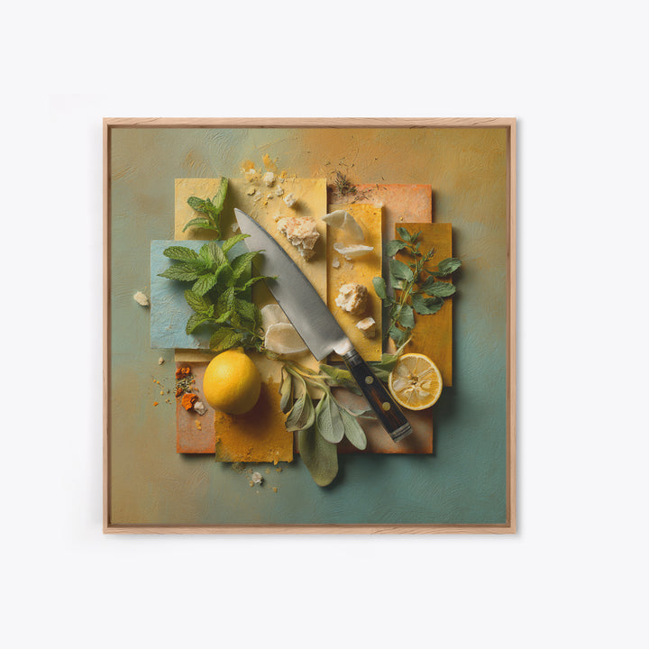 Chef Knife Herbs and Cutting Board Still Framed Canvas Print, Restaurant Art, Boho Decor, Restaurant Decor, Oil Painting, RES-1x1-37