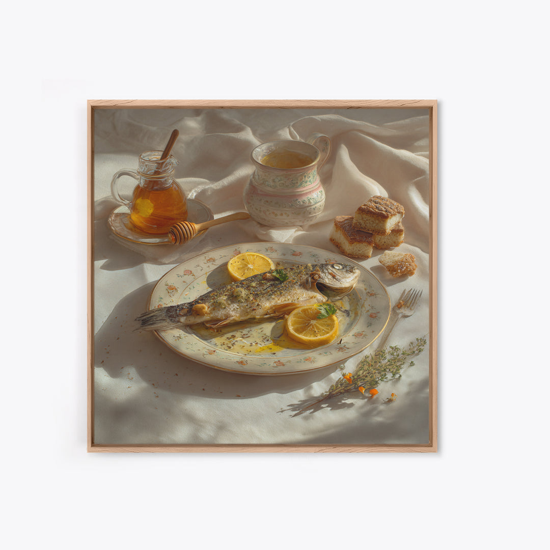 Fresh Fish with Lemon and Herbs Framed Canvas Print, Restaurant Art, Kitchen Art, Restaurant Decor, Fine Art, Bistro, RES-1x1-47