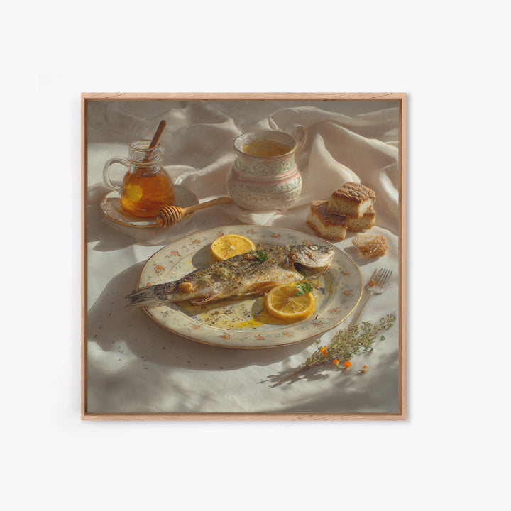 Fresh Fish with Lemon and Herbs Framed Canvas Print, Restaurant Art, Kitchen Art, Restaurant Decor, Fine Art, Bistro, RES-1x1-47