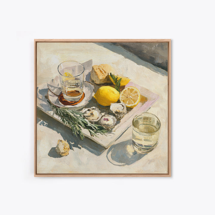 Oyster Platter with Lemons and Champagne Framed Canvas Print, Restaurant Art, Food Art, Restaurant Decor, Oil Painting, Bistro, RES-1x1-51