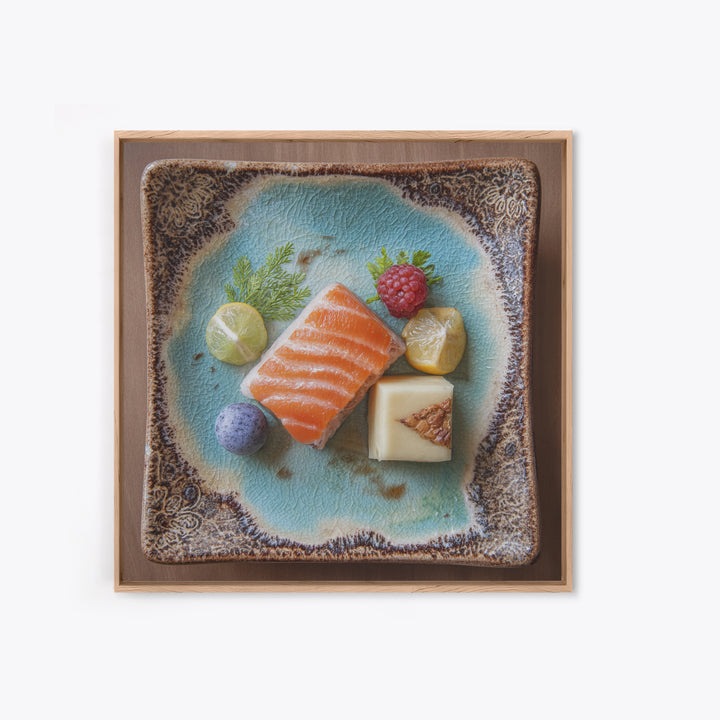 Sushi Fish and Ceramic Plate Composition Framed Canvas Print, Restaurant Art, Textured Painting, Restaurant Decor, Bistro, RES-1x1-53