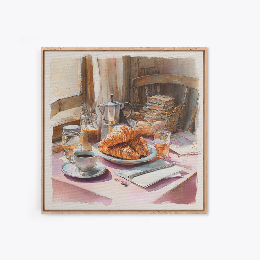 French Bistro Coffee and Croissant Still Life Canvas Print, Restaurant Art, Food Art, Restaurant Decor, Oil Painting, Bistro, RES-1x1-54