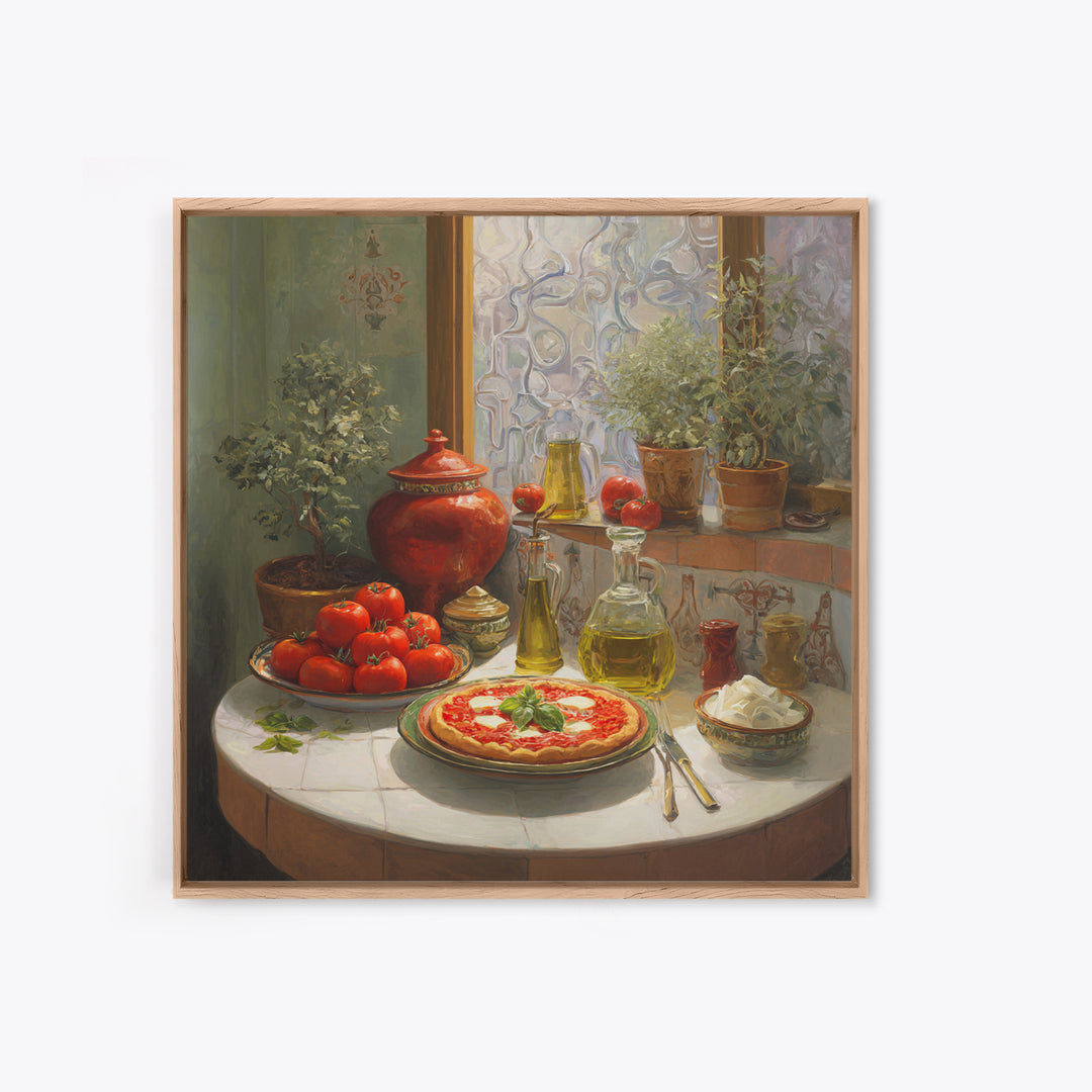 Pizzeria Tomato Basil and Mozzarella Still Life Framed Canvas Print, Restaurant Art, Bar Decor, Restaurant Decor, RES-1x1-58