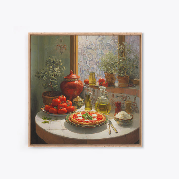 Pizzeria Tomato Basil and Mozzarella Still Life Framed Canvas Print, Restaurant Art, Bar Decor, Restaurant Decor, RES-1x1-58