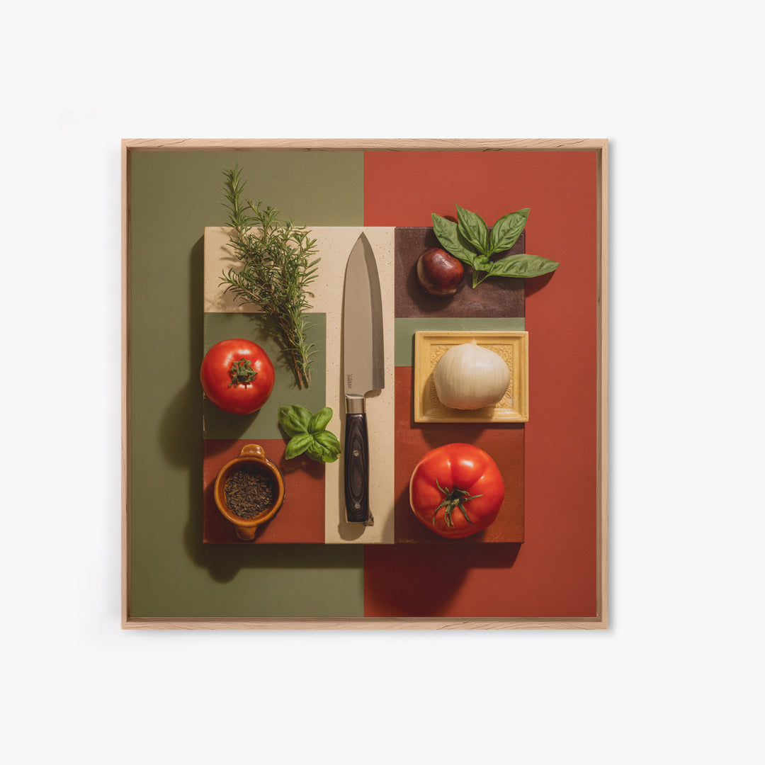 Chef Knife Herbs and Cutting Board Still Framed Canvas Print, Restaurant Art, Boho Decor, Restaurant Decor, Oil Painting, RES-1x1-61
