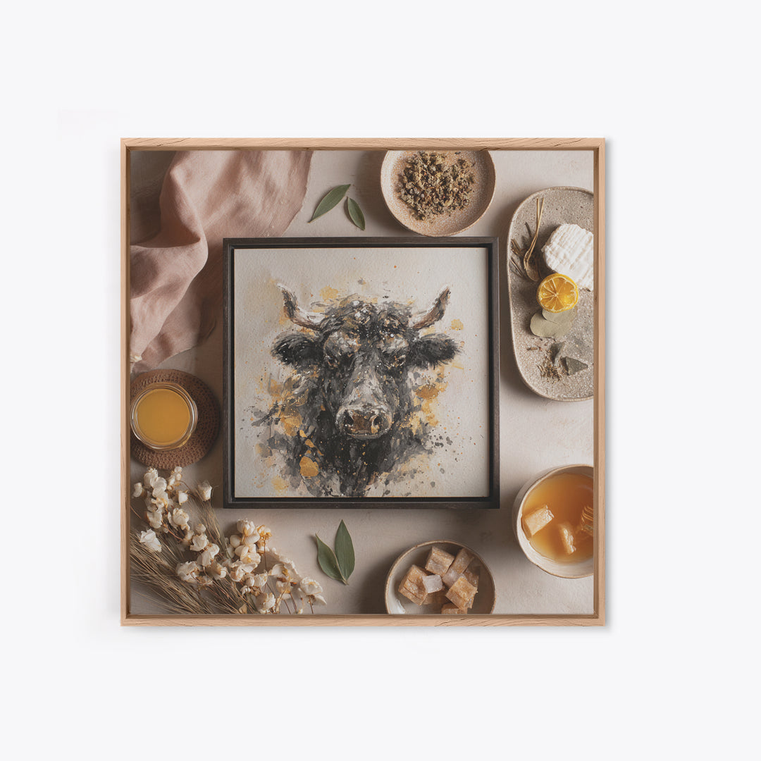 Steakhouse Black and Gold Bull Portrait Framed Canvas Print, Restaurant Art, Digital Print, Restaurant Decor, Fine Art, Bistro, RES-1x1-7