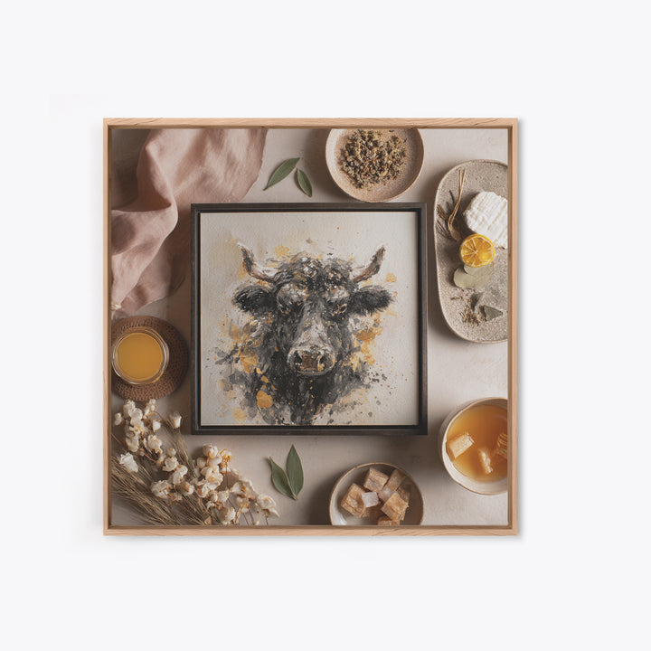 Steakhouse Black and Gold Bull Portrait Framed Canvas Print, Restaurant Art, Digital Print, Restaurant Decor, Fine Art, Bistro, RES-1x1-7