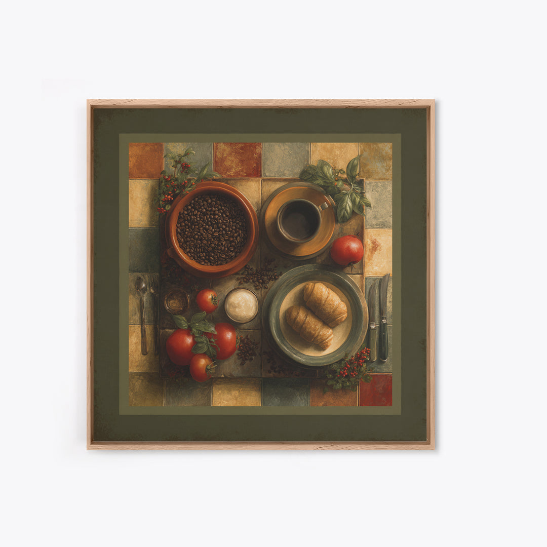 Coffee Beans and Pastry Arrangement Framed Canvas Print, Restaurant Art, Stained Glass Art, Restaurant Decor, Fine Art, Bistro, RES-1x1-70