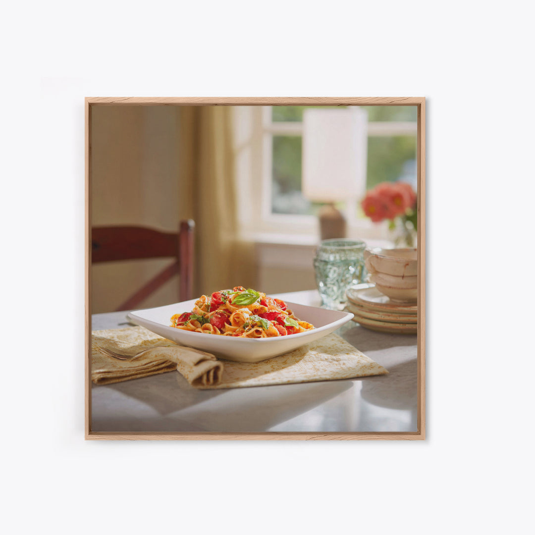 Fresh Pasta with Tomatoes and Basil Framed Canvas Print, Restaurant Art, Fine Art Print, Restaurant Decor, Fine Art, Bistro, RES-1x1-74