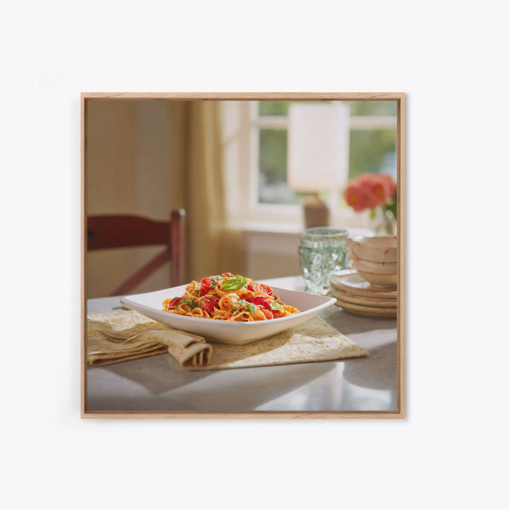 Fresh Pasta with Tomatoes and Basil Framed Canvas Print, Restaurant Art, Fine Art Print, Restaurant Decor, Fine Art, Bistro, RES-1x1-74