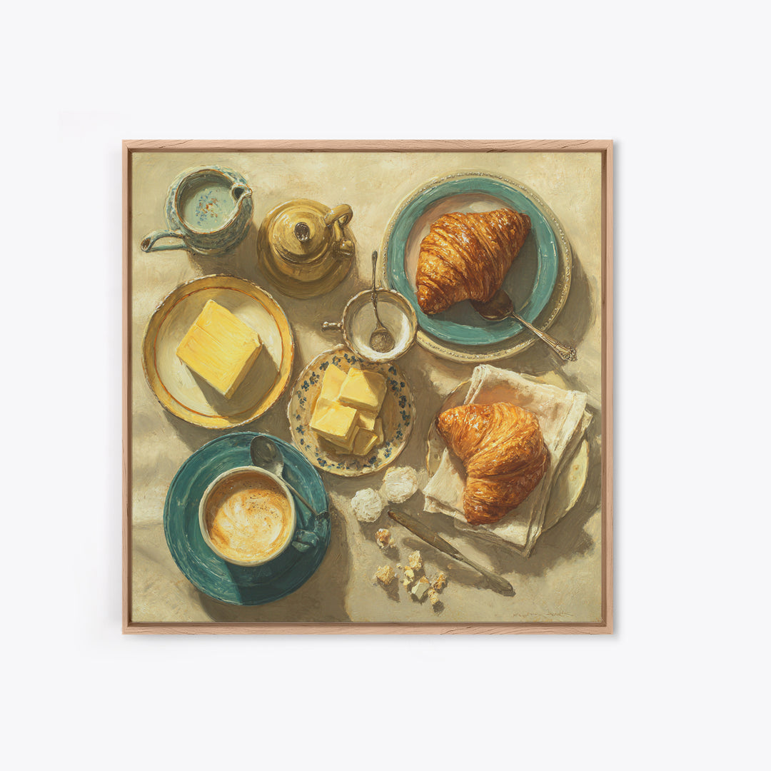 French Bistro Coffee and Croissant Still Life Framed Canvas Print, Restaurant Art, Statement Artwork, Restaurant Decor, Bistro, RES-1x1-78