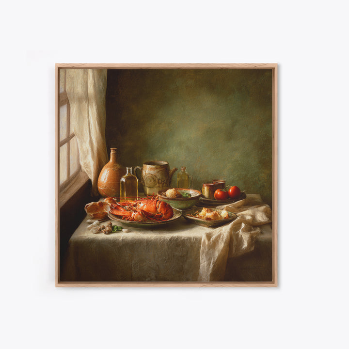 Seafood Lobster and Shell Arrangement Framed Canvas Print, Restaurant Art, Large Wall Art, Restaurant Decor, Fine Art, Bistro, RES-1x1-8
