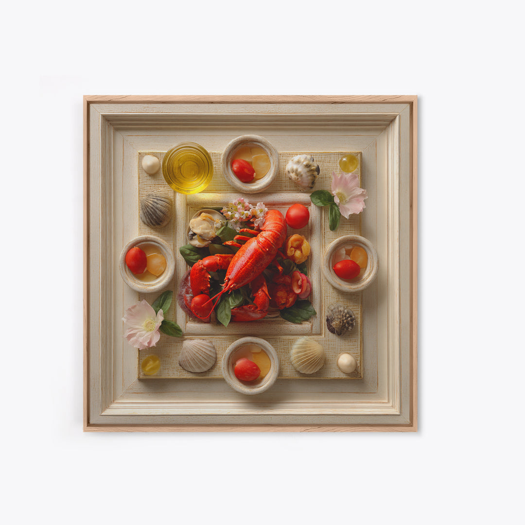 Seafood Lobster and Shell Arrangement Framed Canvas Print, Restaurant Art, Fine Art Print, Restaurant Decor, Fine Art, Bistro, RES-1x1-80