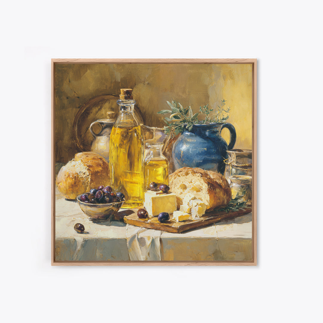 Mediterranean Olives Bread and Cheese Board Canvas Print, Restaurant Art, Statement Artwork, Restaurant Decor, Fine Art, Bistro, RES-1x1-9