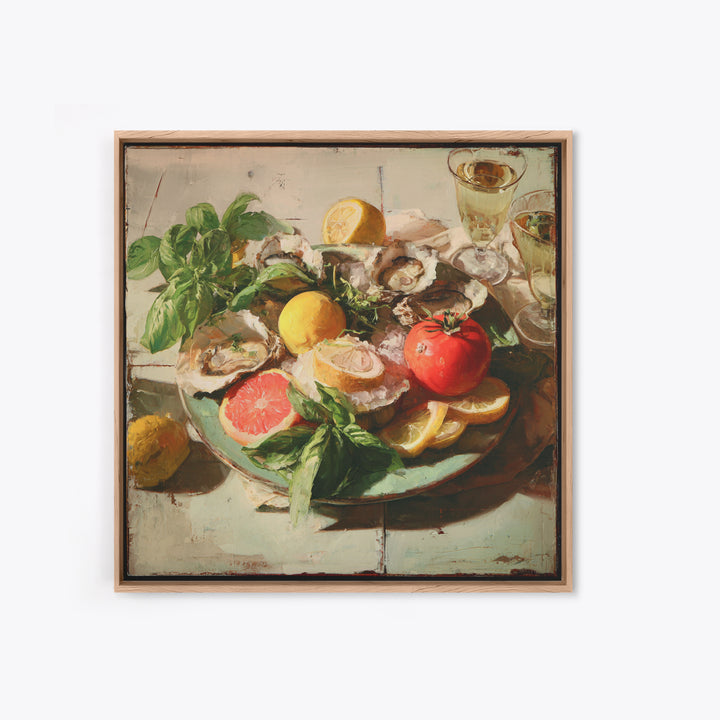 Oyster Platter with Lemons and Champagne Canvas Print, Restaurant Art, Wall Decor, Restaurant Decor, Fine Art, Bistro, RES-1x1-99