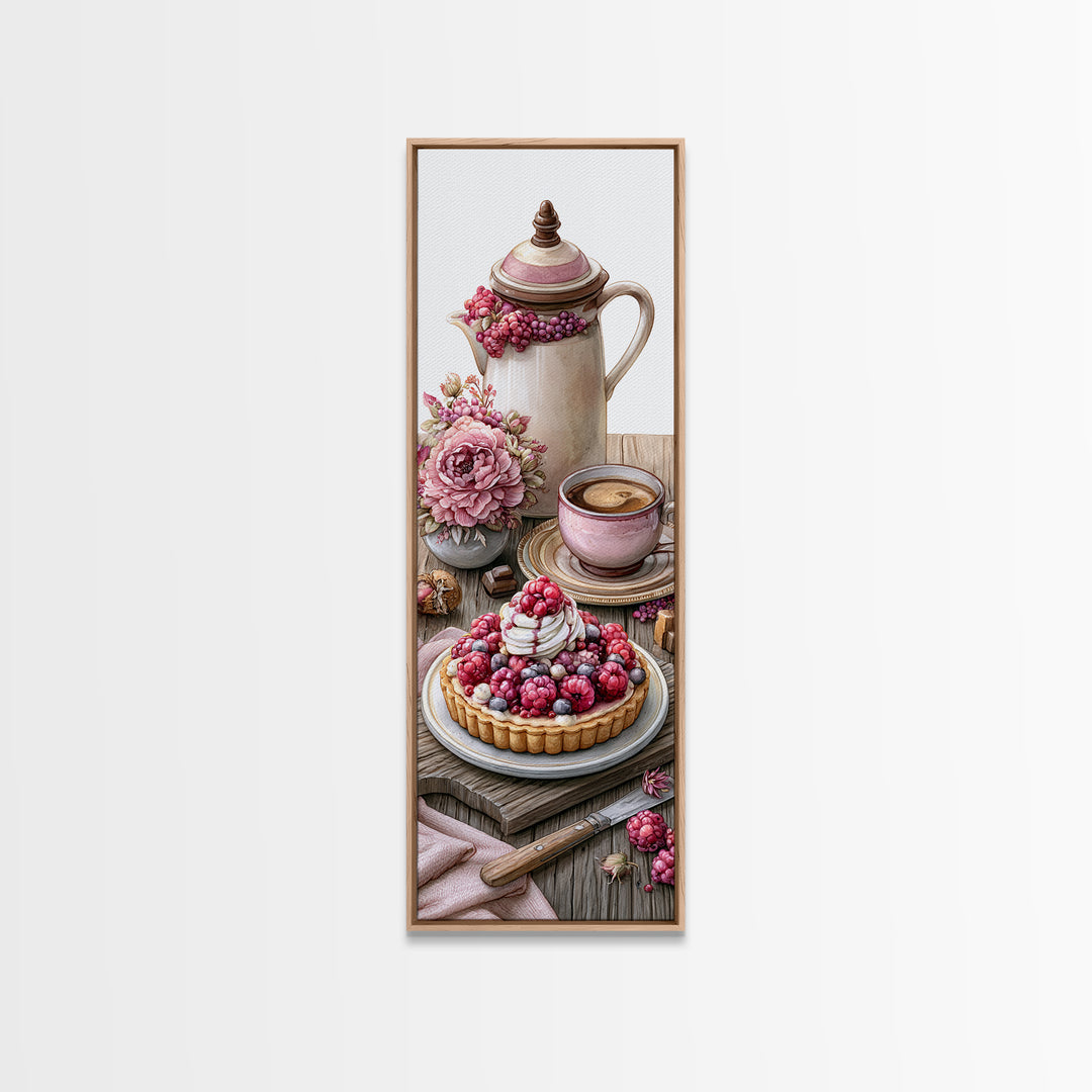 Dessert Tart with Berries and Cream Framed Canvas Print, Restaurant Art, Watercolor Painting, Restaurant Decor, Oil Painting, RES-1x3-76
