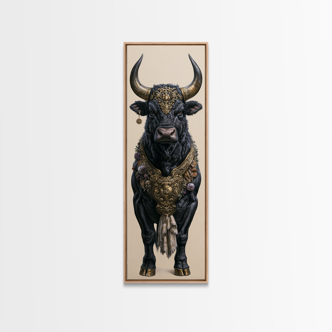 Steakhouse Black and Gold Bull Portrait Framed Canvas Print, Restaurant Art, Boho Decor, Restaurant Decor, Fine Art, Bistro, RES-1x3-91