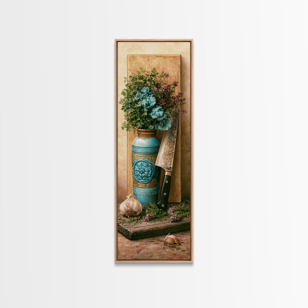 Chef Knife Herbs and Cutting Board Still Canvas Print, Restaurant Art, Boho Decor, Restaurant Decor, Oil Painting, Bistro, RES-1x3-97