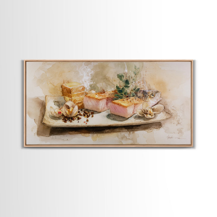 Sushi Fish and Ceramic Plate Composition Framed Canvas Print, Restaurant Art, Large Wall Art, Restaurant Decor, Bistro, RES-2x1-1
