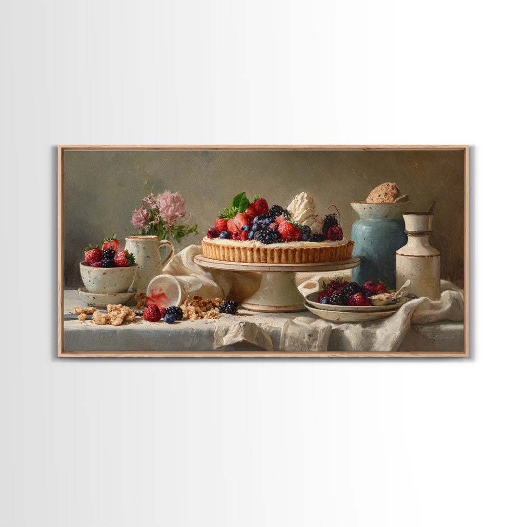 Dessert Tart with Berries and Cream Framed Canvas Print, Restaurant Art, Room Decor, Restaurant Decor, Fine Art, Bistro, RES-2x1-12