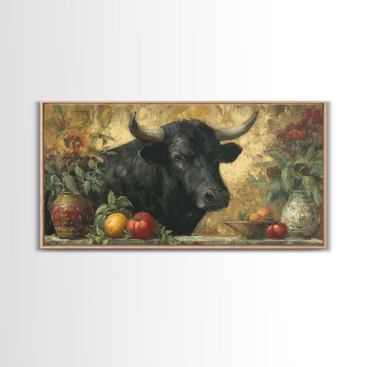 Steakhouse Black and Gold Bull Portrait Framed Canvas Print, Restaurant Art, Boho Decor, Restaurant Decor, Fine Art, Bistro, RES-2x1-27