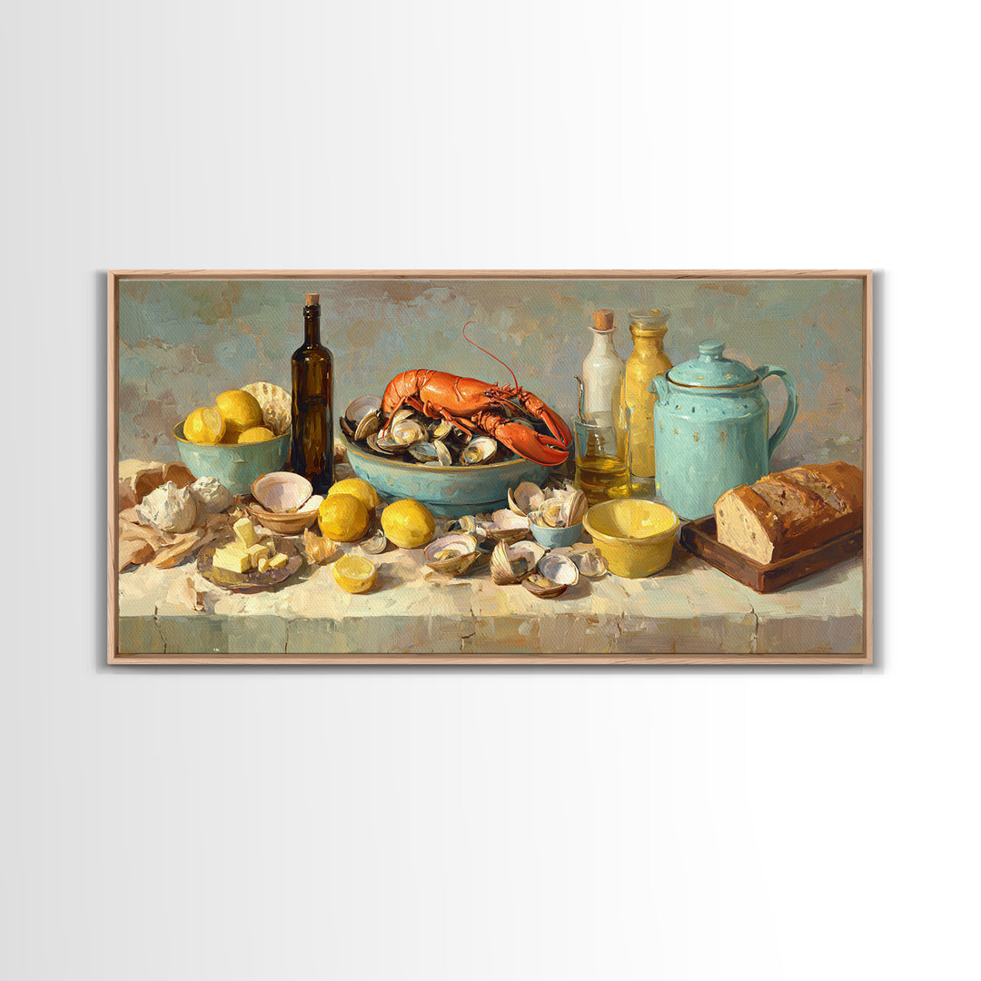 Seafood Lobster and Shell Arrangement Framed Canvas Print, Restaurant Art, Contemporary Art, Restaurant Decor, Fine Art, Bistro, RES-2x1-28