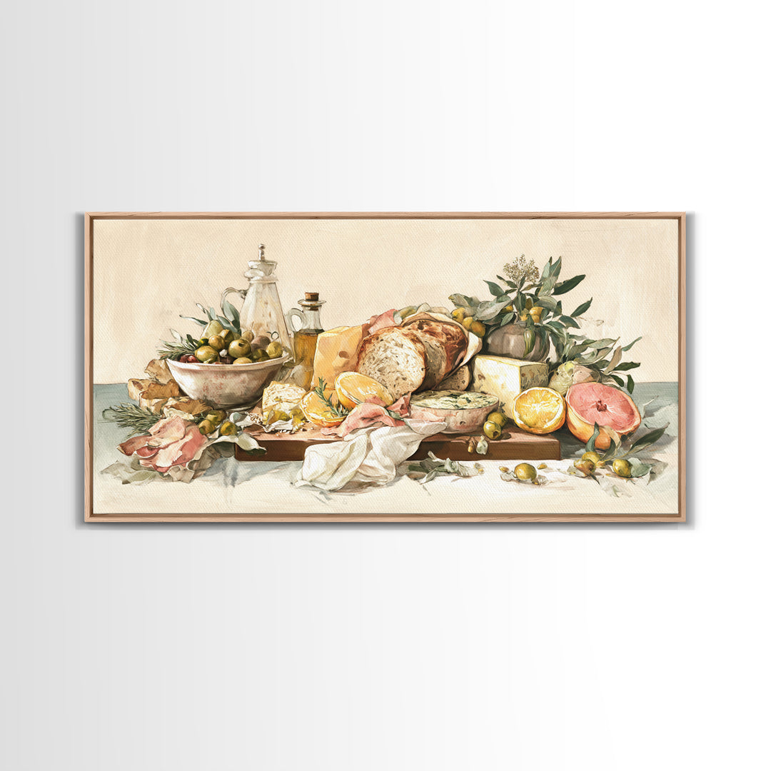 Mediterranean Olives Bread and Cheese Board Canvas Print, Restaurant Art, Framed Wall Art, Restaurant Decor, Bistro, Food Art, RES-2x1-29