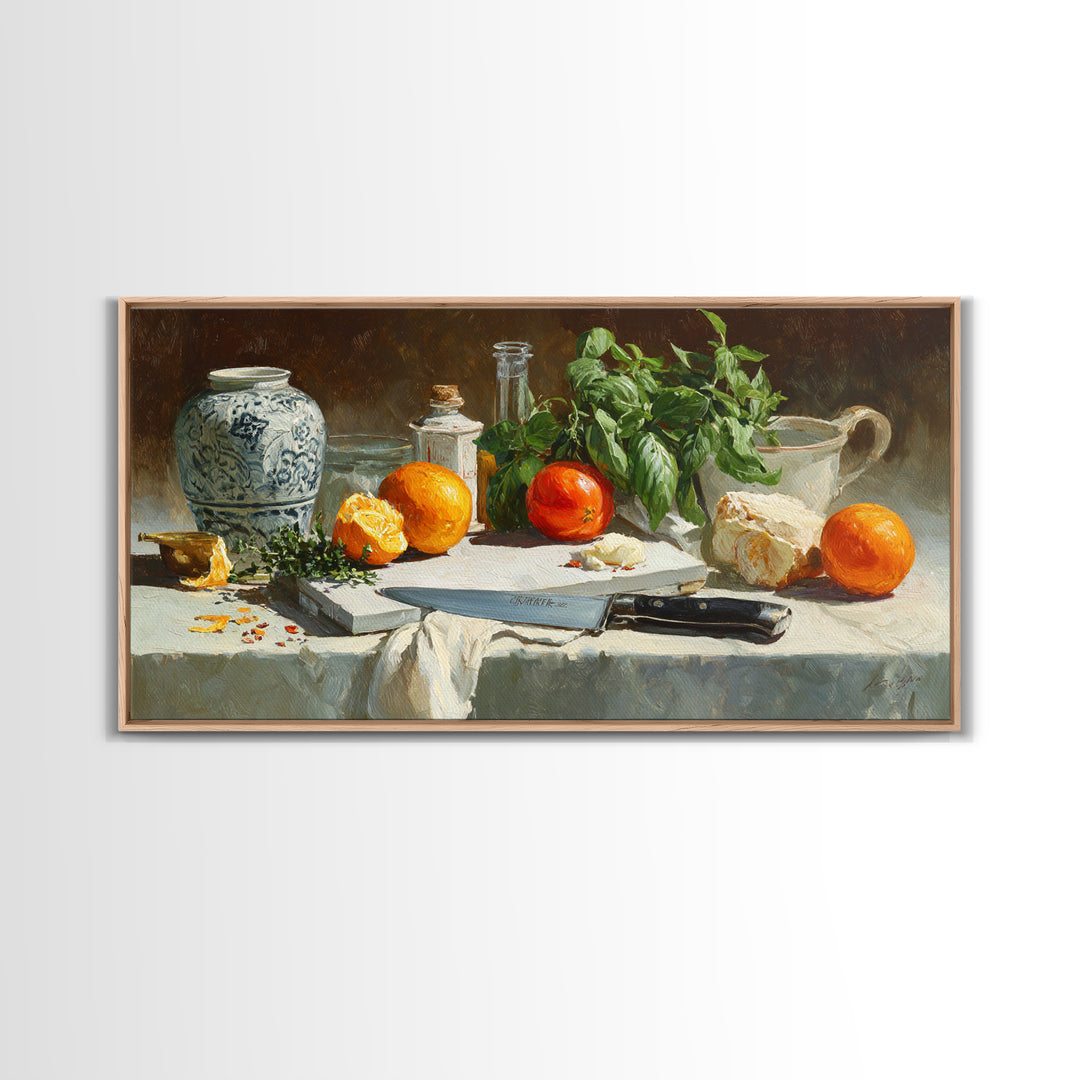 Chef Knife Herbs and Cutting Board Still Framed Canvas Print, Restaurant Art, Art Print, Restaurant Decor, Fine Art, Bistro, RES-2x1-33
