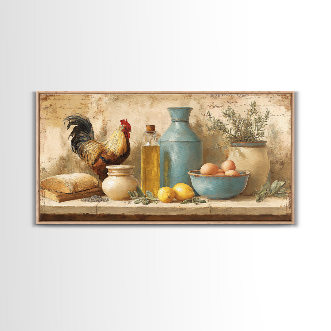 Rooster and Herbs for Farmhouse Restaurant Mood Framed Canvas Print, Restaurant Art, Poster, Restaurant Decor, Fine Art, Bistro, RES-2x1-40
