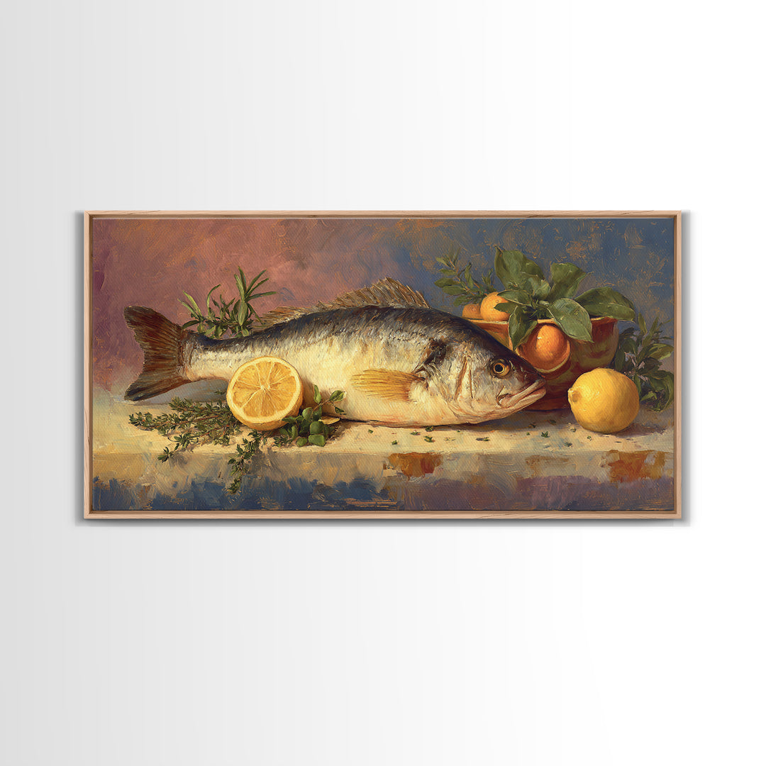 Fresh Fish with Lemon and Herbs Framed Canvas Print, Restaurant Art, Large Wall Art, Restaurant Decor, Fine Art, Bistro, RES-2x1-43