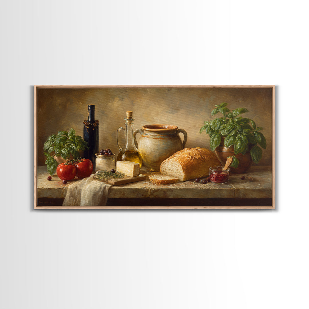 Mediterranean Olives Bread and Cheese Board Canvas Print, Restaurant Art, Framed Wall Art, Restaurant Decor, Bistro, Food Art, RES-2x1-5
