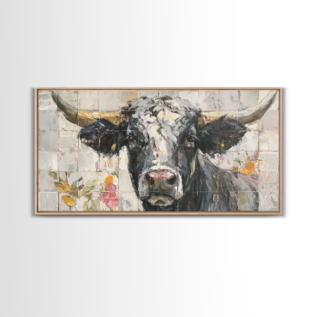 Steakhouse Black and Gold Bull Portrait Framed Canvas Print, Restaurant Art, Farmhouse Decor, Restaurant Decor, Bistro, RES-2x1-51