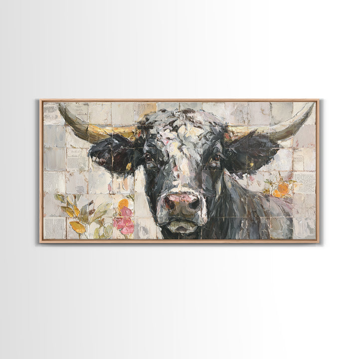Steakhouse Black and Gold Bull Portrait Framed Canvas Print, Restaurant Art, Farmhouse Decor, Restaurant Decor, Bistro, RES-2x1-51