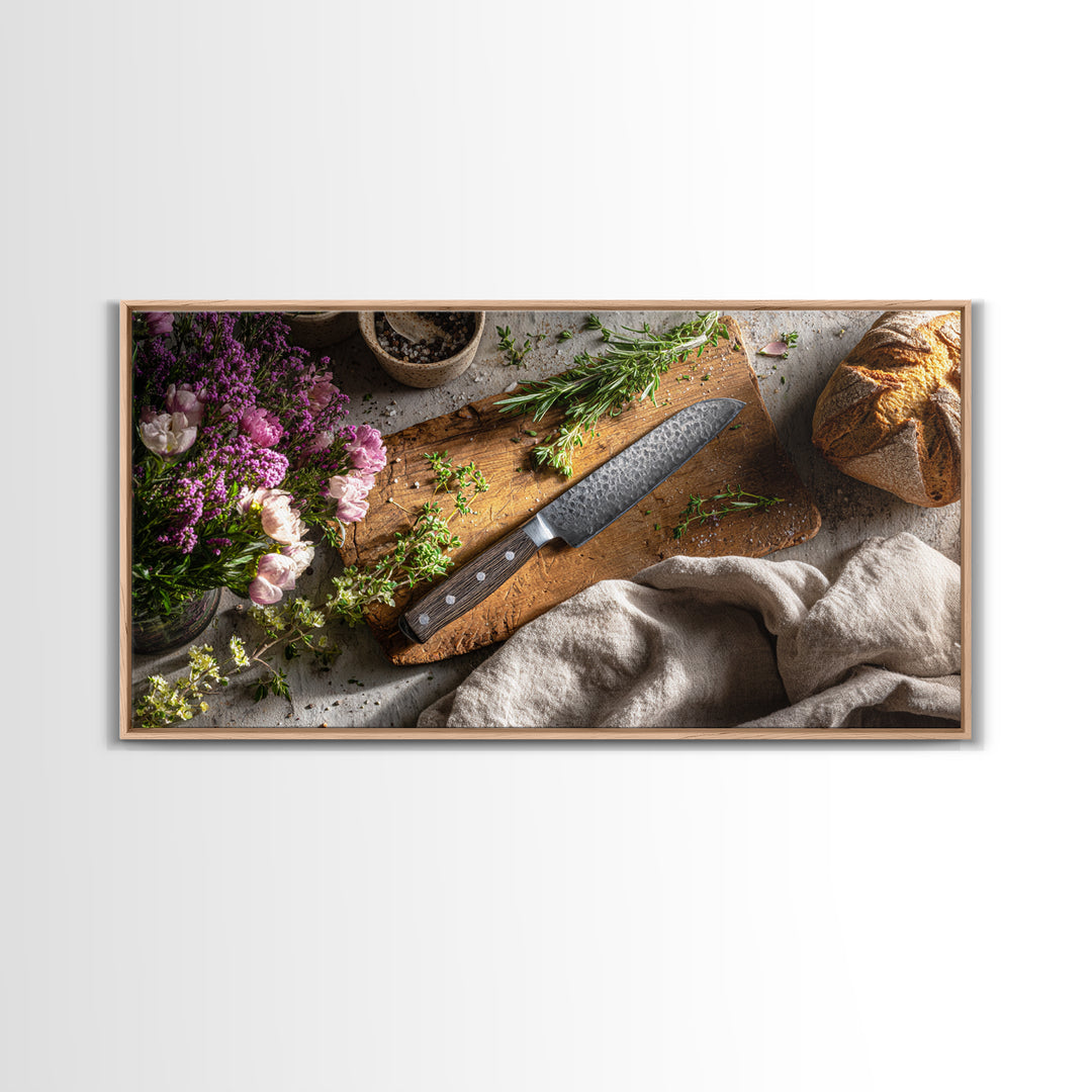 Chef Knife Herbs and Cutting Board Still Canvas Print, Restaurant Art, Canvas Wall Art, Restaurant Decor, Fine Art, Bistro, RES-2x1-57
