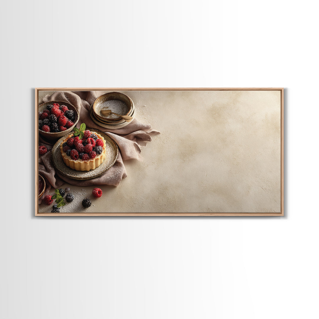 Dessert Tart with Berries and Cream Framed Canvas Print, Restaurant Art, Restaurant Decor, Oil Painting, Bistro, RES-2x1-60