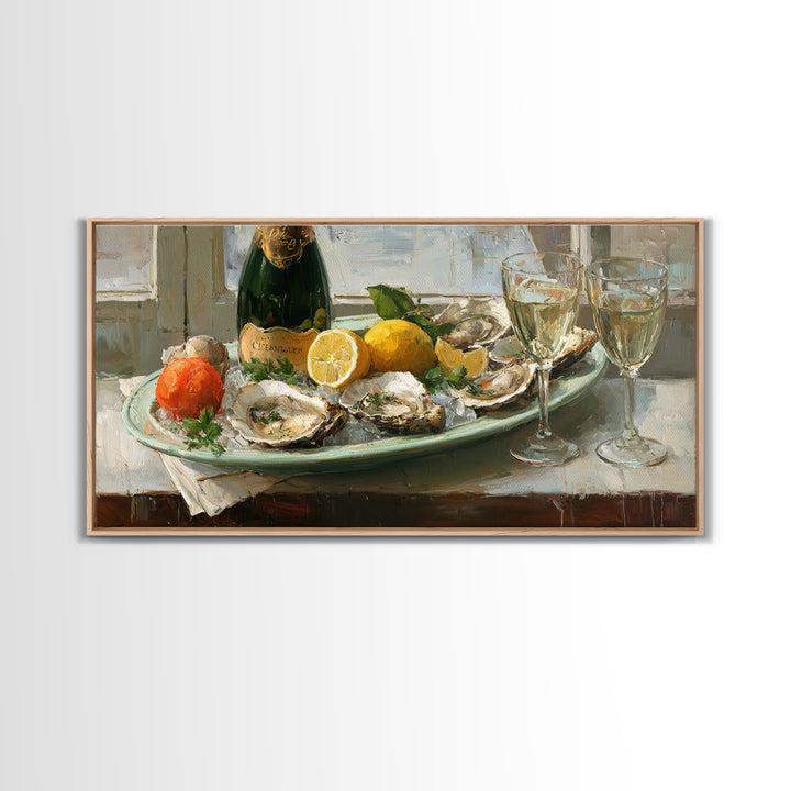 Oyster Platter with Lemons and Champagne Canvas Print, Restaurant Art, Watercolor Art, Restaurant Decor, Abstract Art, Bistro, RES-2x1-71