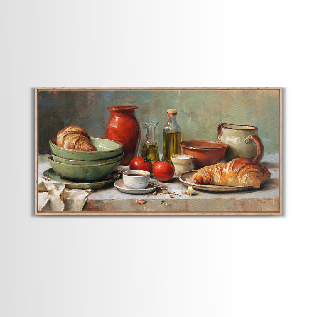 French Bistro Coffee and Croissant Still Life Canvas Print, Restaurant Art, Framed Wall Art, Restaurant Decor, Watercolor Art, RES-2x1-74