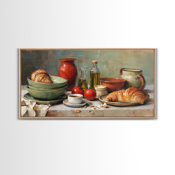 French Bistro Coffee and Croissant Still Life Canvas Print, Restaurant Art, Framed Wall Art, Restaurant Decor, Watercolor Art, RES-2x1-74