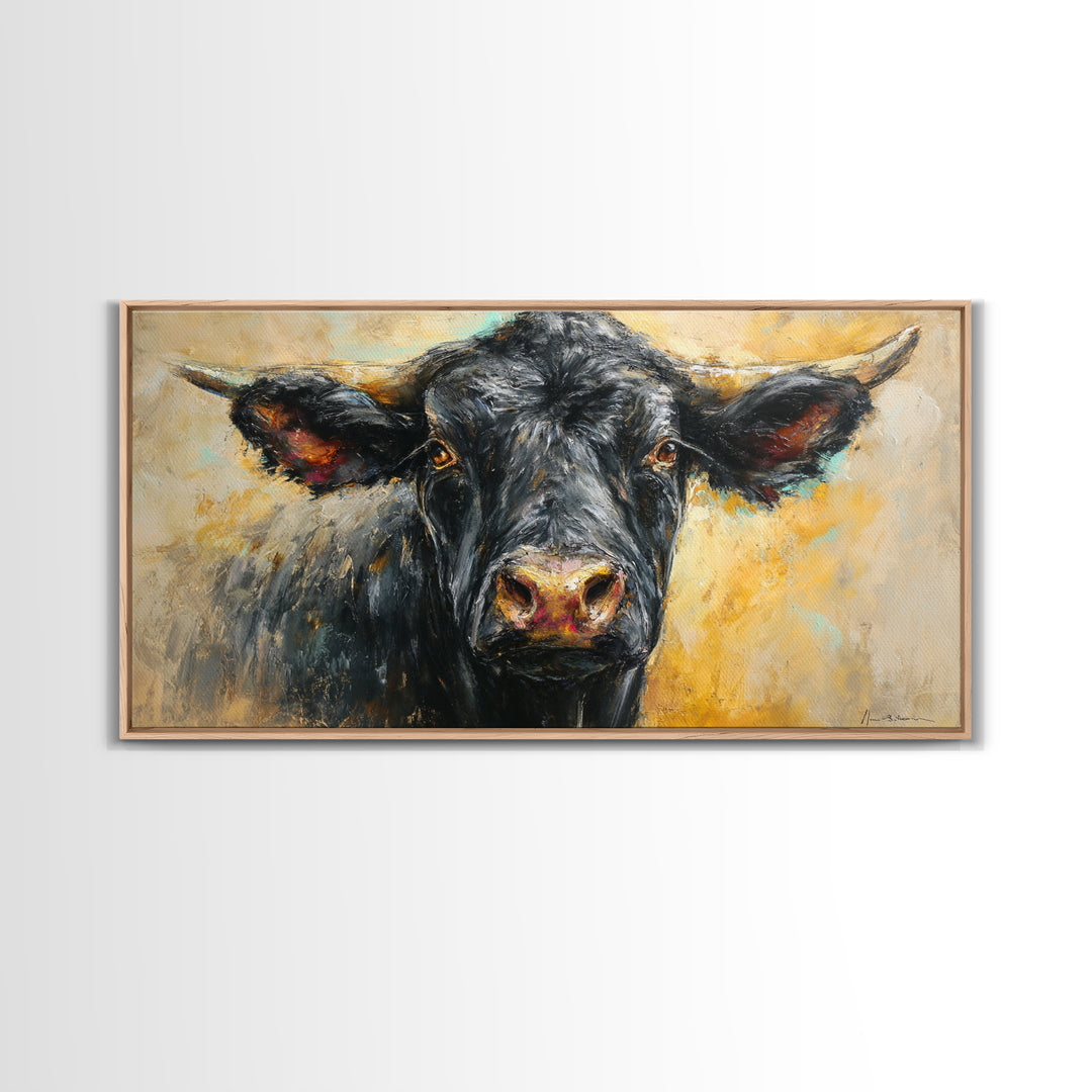 Steakhouse Black and Gold Bull Portrait Framed Canvas Print, Restaurant Art, Room Decor, Restaurant Decor, Oil Painting, Bistro, RES-2x1-75