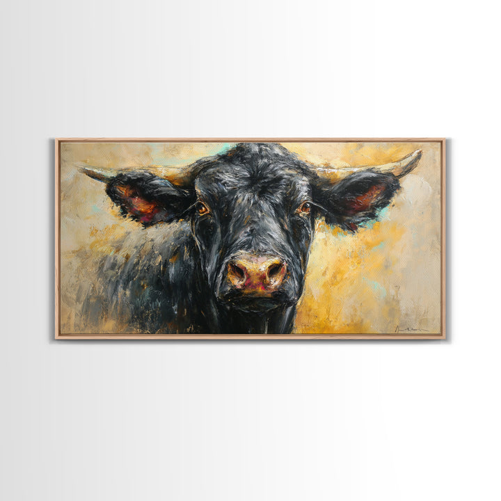 Steakhouse Black and Gold Bull Portrait Framed Canvas Print, Restaurant Art, Room Decor, Restaurant Decor, Oil Painting, Bistro, RES-2x1-75