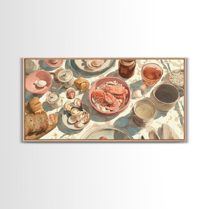 Seafood Lobster and Shell Arrangement Canvas Print, Restaurant Art, Kitchen Art, Restaurant Decor, Fine Art, Bistro, Food Art, RES-2x1-76
