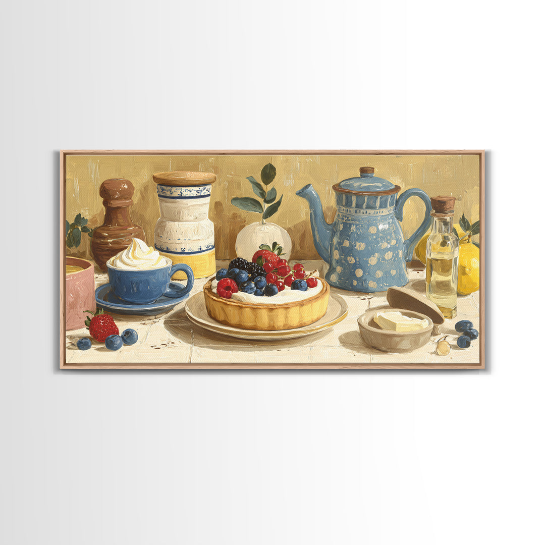 Dessert Tart with Berries and Cream Framed Canvas Print, Restaurant Art, Living Room Decor, Restaurant Decor, Fine Art, Bistro, RES-2x1-84