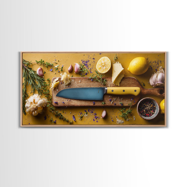 Chef Knife Herbs and Cutting Board Still Framed Canvas Print, Restaurant Art, Art Print, Restaurant Decor, Fine Art, Bistro, RES-2x1-9