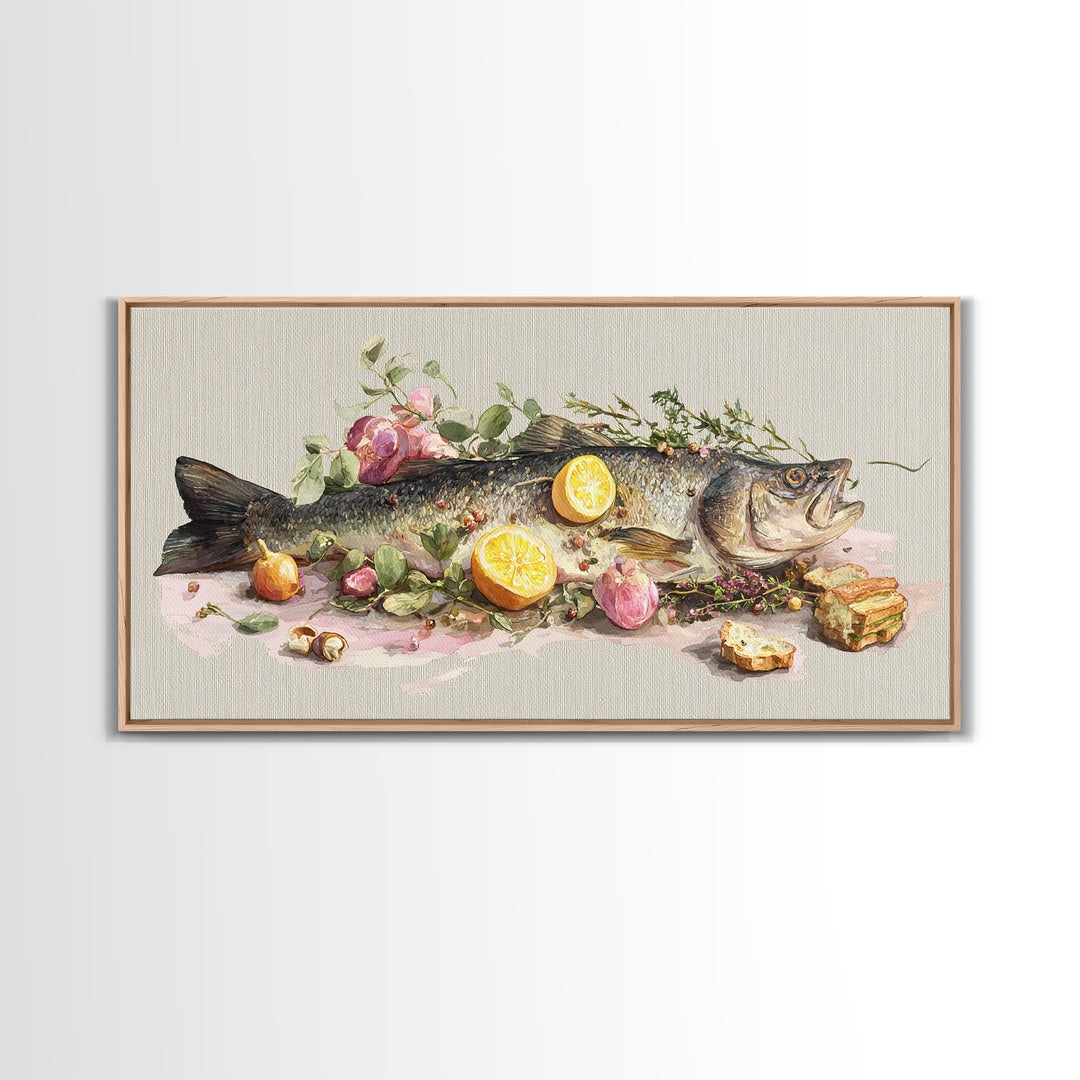 Fresh Fish with Lemon and Herbs Framed Canvas Print, Restaurant Art, Kitchen Decor, Restaurant Decor, Fine Art, Bistro, RES-2x1-91