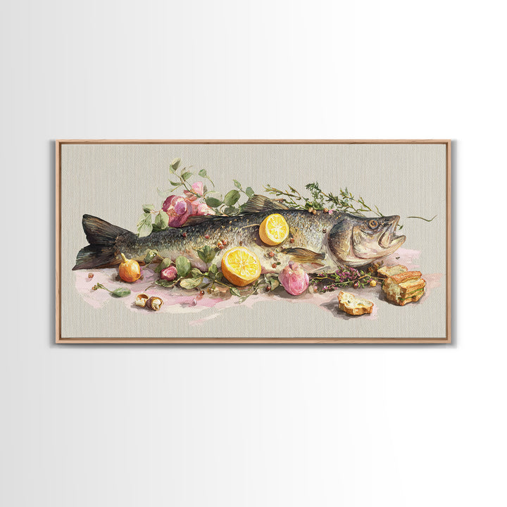 Fresh Fish with Lemon and Herbs Framed Canvas Print, Restaurant Art, Kitchen Decor, Restaurant Decor, Fine Art, Bistro, RES-2x1-91