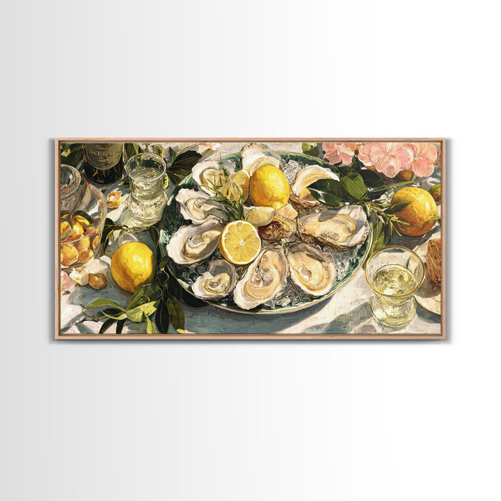 Oyster Platter with Lemons and Champagne Framed Canvas Print, Restaurant Art, Neutral Decor, Restaurant Decor, Fine Art, Bistro, RES-2x1-95