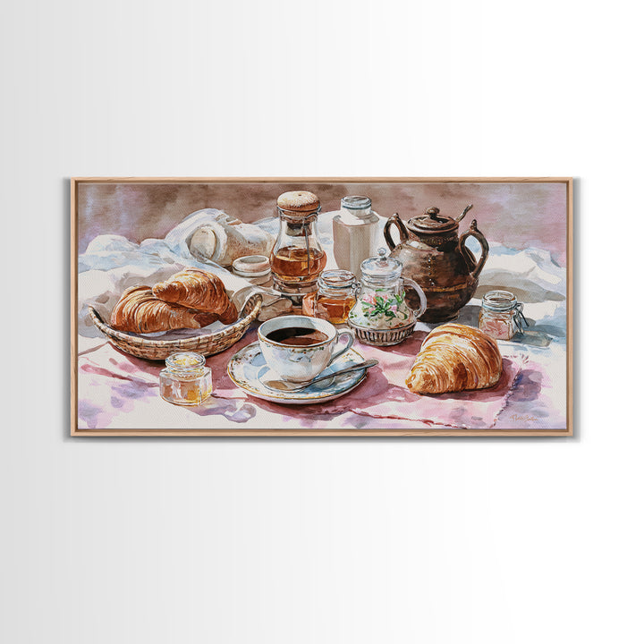 French Bistro Coffee and Croissant Still Life Canvas Print, Restaurant Art, Framed Wall Art, Restaurant Decor, Watercolor Art, RES-2x1-98